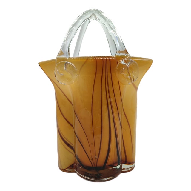 Large Mid-Century Modern Sommerso Art Glass Basket Vase in Amber and Brown, 1970s For Sale