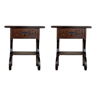 Mid 20th Century Pair of Narrow Spanish Nightstands with Carved Drawer and Low Shelve For Sale