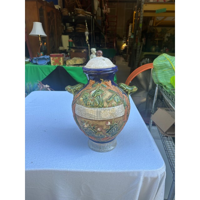 Mid-Century Modern Large Ceramic Vintage Jar With Frog Details- Condition Issue For Sale - Image 3 of 8