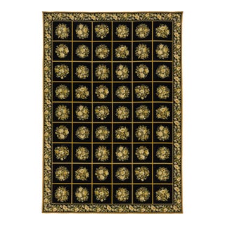 Vintage Handcrafted French Aubusson Wool Rug in Black With Floral Pattern For Sale