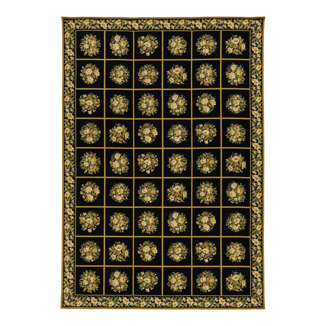 Vintage Handcrafted French Aubusson Wool Rug in Black With Floral Pattern For Sale