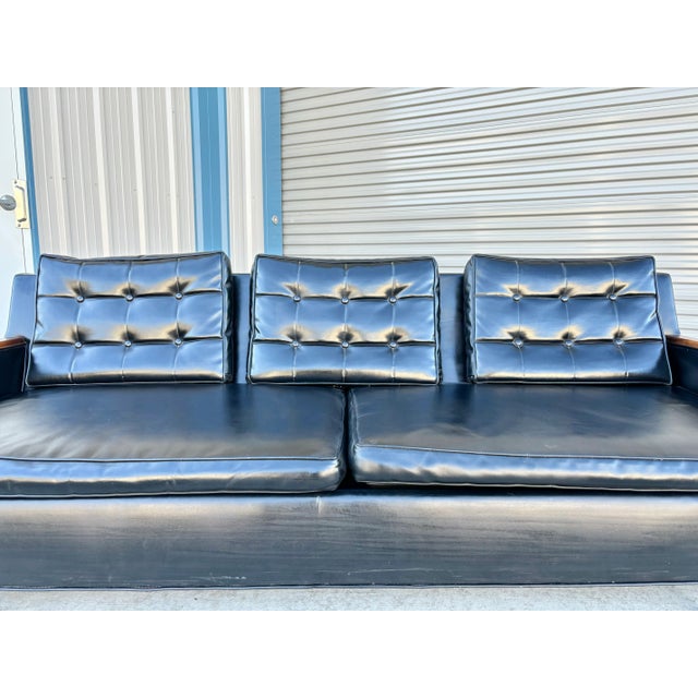 Mid Century Walnut & Vinyl Sofa For Sale - Image 4 of 12