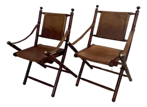 French Vintage safari-Campaign chairs in Elegant leather and Brass