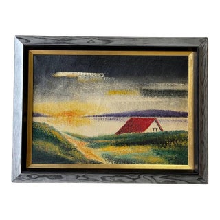 j.p. Signed Rural Landscape Oil Painting on Canvas Vintage Mid-Century Modern 1970s For Sale