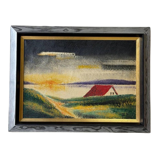 j.p. Signed Rural Landscape Oil Painting on Canvas Vintage Mid-Century Modern 1970s For Sale