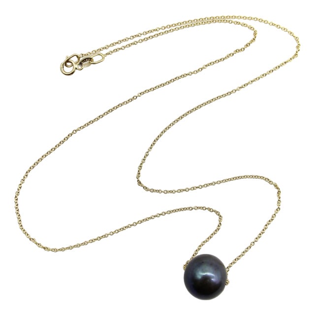 1990s 14k Gold Necklace With Black South Sea Pearl For Sale