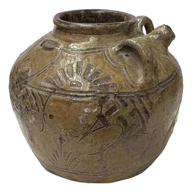 Earthy Brown Pottery Bulb Shape Rings Geometric Pattern Art Vase For Sale