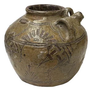 Earthy Brown Pottery Bulb Shape Rings Geometric Pattern Art Vase