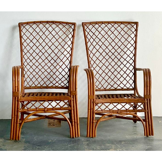 Mid-Century Modern Vintage Boho High Back Trellis Rattan Lounge Chairs - A Pair For Sale - Image 3 of 12
