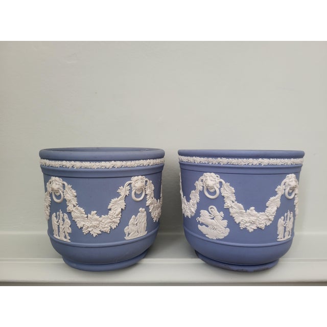 Mid-Century Blue Jasperware Cachepots with Neoclassical Reliefs by Wedgewood, 1950s, Set of 2 For Sale - Image 6 of 6