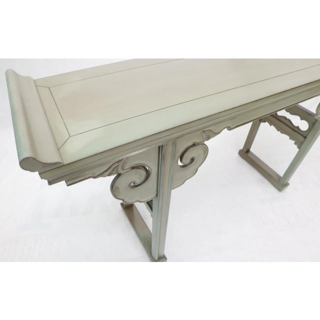 Olive Faux Paint Enamel Finish Carved Base Console Table with Rolled Edges For Sale - Image 10 of 13