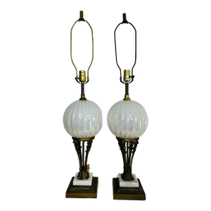 Vintage 1960s Brass and White Iridescent Glass Table Lamps, a Pair