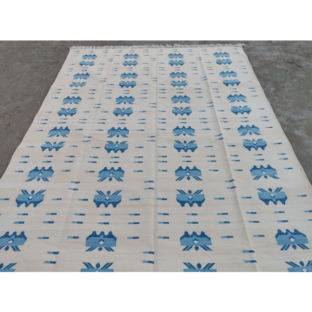 Light Yellow Cotton Vegetable Dyed Handmade Butterfly Pattern Flatweave Rug Dhurrie - 6'x9' For Sale - Image 8 of 11