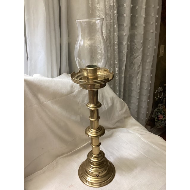 Traditional Vintage Brass Candlestick With Tier Design and Globe For Sale - Image 3 of 3