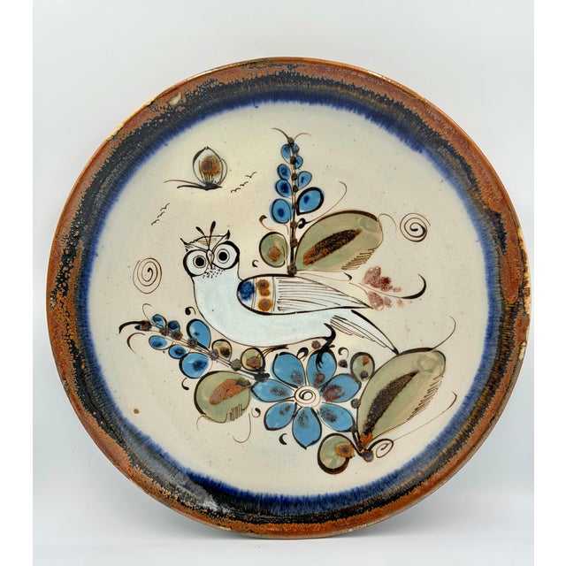 Folk Art 1950s Folk-Art Ken Edwards Tonala Pottery Hand Painted Owl Serving Chop Plate For Sale - Image 3 of 7