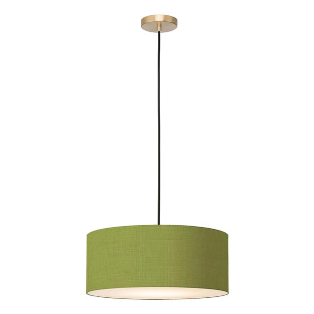 Stretch Pendant, Avocado Linen Shade, Weathered Brass For Sale
