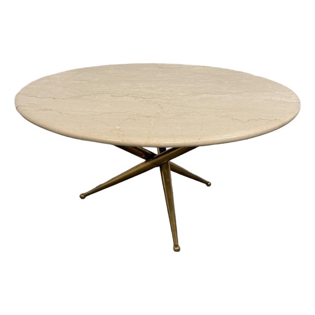 Italian Mid-Century Marble Top Coffee Table With Brass Tripod Base For Sale