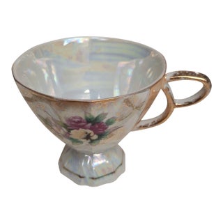 Vintage Japanese Lusterware Iridescent Floral Teacup and Reticulated Saucer Set For Sale