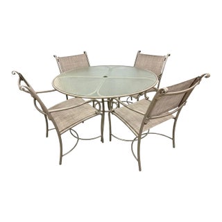 Brown Jordan 5 Pc Outdoor Dining Set Table, 4 Chairs With Umbrella and Stand For Sale