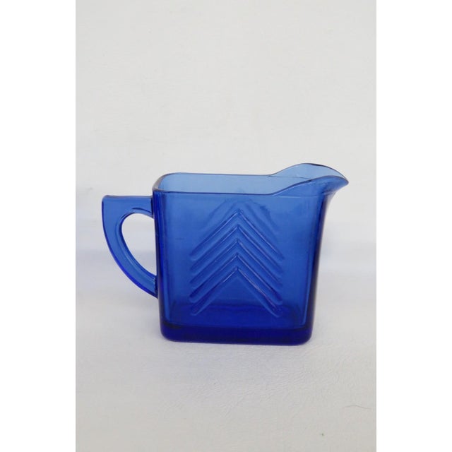 Mid 20th Century Hazel Atlas Cobalt Blue Glass Chevron 3pc Set 2 Creamers and Sugar Bowl For Sale - Image 12 of 12