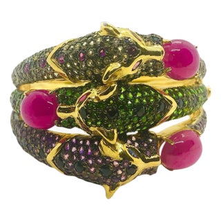 Bochic ‘Capri’ Vintage Natural Ruby & Emerald Cuff In 18K Gold & Silver For Sale