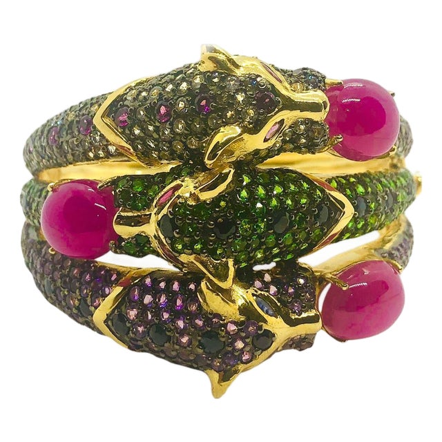 Bochic ‘Capri’ Vintage Natural Ruby & Emerald Cuff In 18K Gold & Silver For Sale