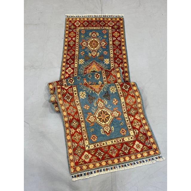 Blue and Rust Red Kazak Wool Runner Rug, Tribal Hallway Rug, 2'6" X 10'6" For Sale - Image 10 of 17