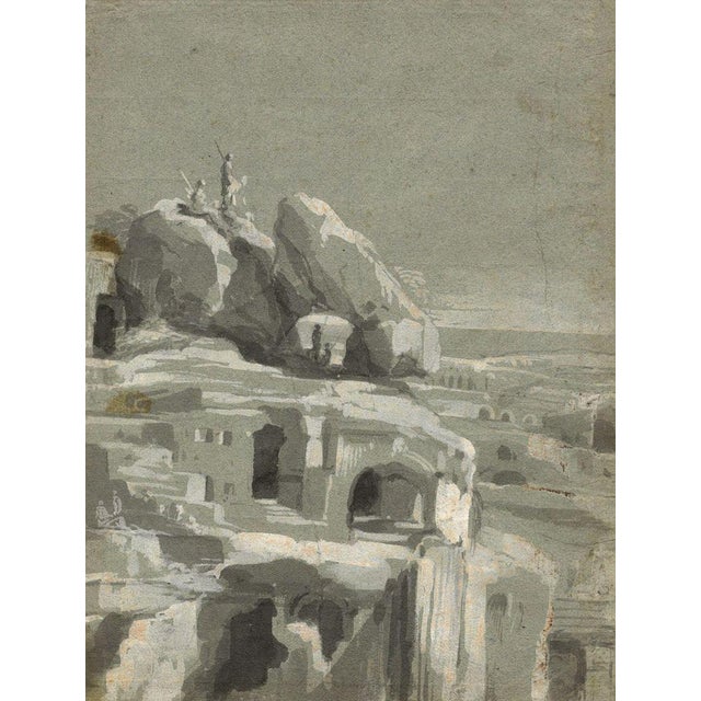 Paper Rock Cave Dwellings with Spearsmen, Early 19th Century, Grisaille Wash Drawing For Sale - Image 7 of 7