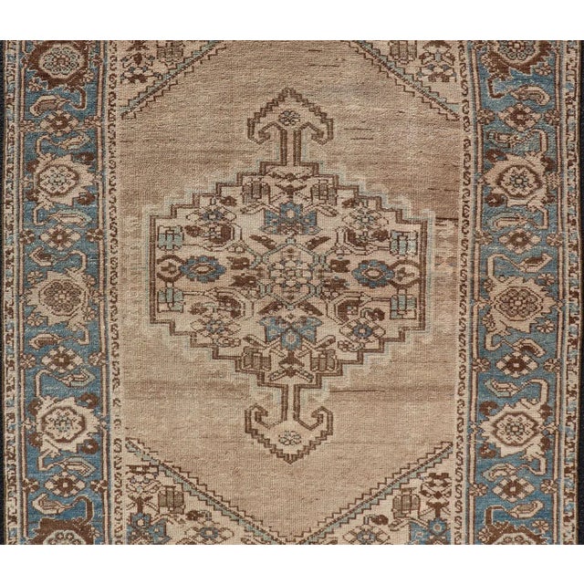 Tan Antique Persian Hamadan Rug With Medallion Design in Tan, Light Blue & Brown For Sale - Image 8 of 11