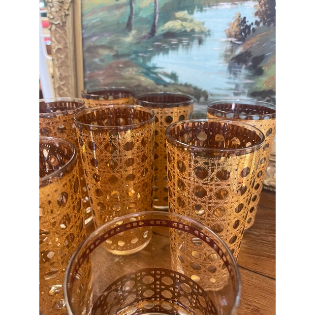 Gold Mid-Century Modern 1960s Gold-Toned Filigree Highball & Lowball Glassware Set - Set of 9 For Sale - Image 8 of 10