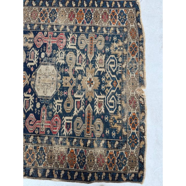 Textile Early 20th Century Distressed Caucasian Perpedil Navy Rug 3.8 x 4.8 For Sale - Image 7 of 11