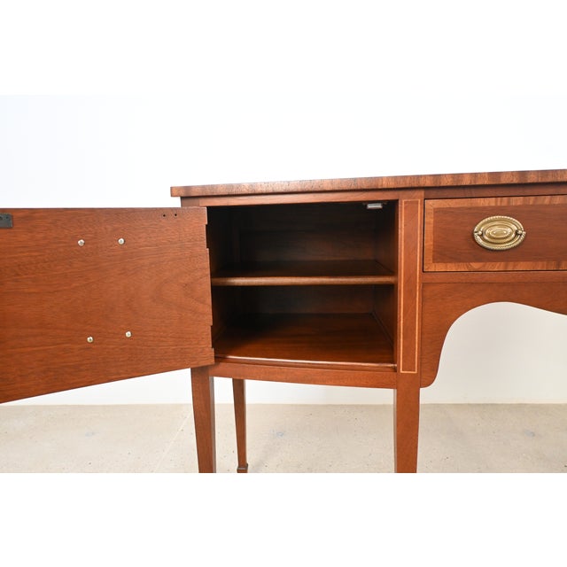 Kindel Mahogany Sideboard Server With Satinwood Inlay & Brass Pulls | Newly Refinished For Sale - Image 11 of 16
