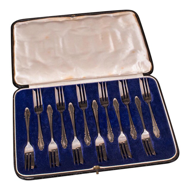 1935 Vintage Art Deco Silver English Cake Forks - Set of 12 For Sale