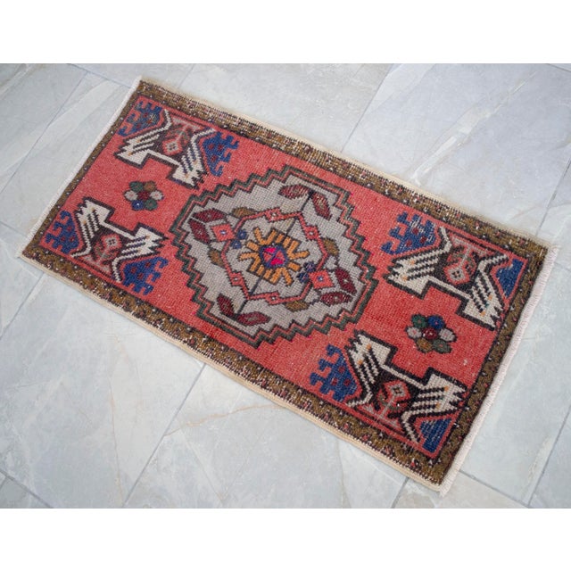 Distressed Low Pile Turkish Petite Rug Hand Knotted Faded Mat Enrty Decor- 1'8'' X 3' For Sale - Image 10 of 13