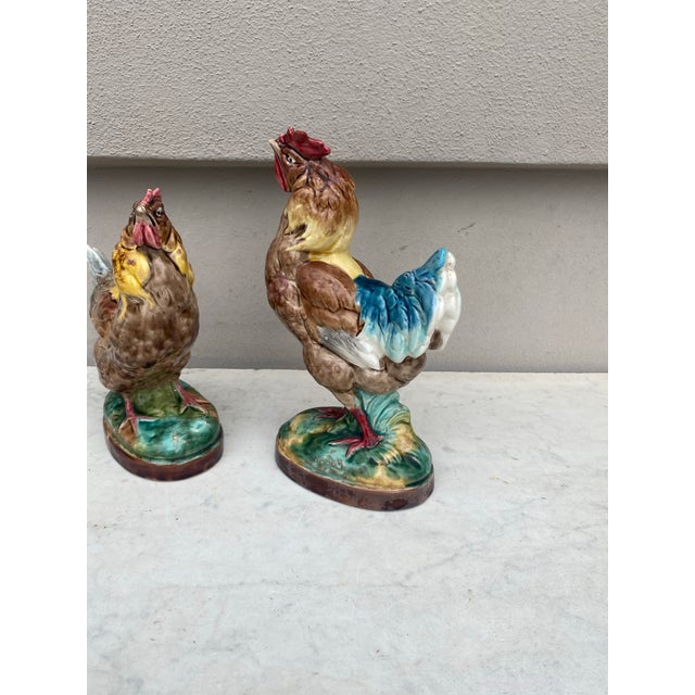 French Country French Majolica Rooster & Hen Circa 1890-A Pair For Sale - Image 3 of 8