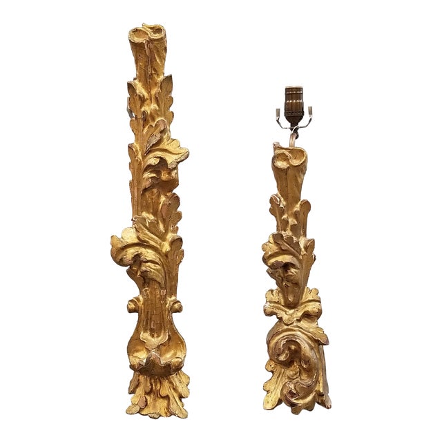 Giltwood Hand Carved Lamps on Acrylic Bases; One With Adjustable Height Pair For Sale