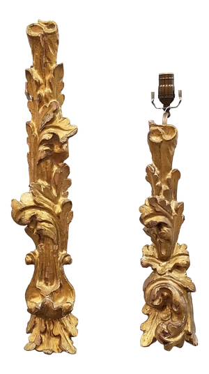 Giltwood Hand Carved Lamps on Acrylic Bases; One With Adjustable Height Pair