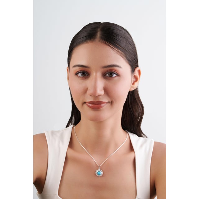 Certified 14k White Gold 1.46ct Round Turquoise & Baguette Diamond Halo Pendant For Sale - Image 12 of 16