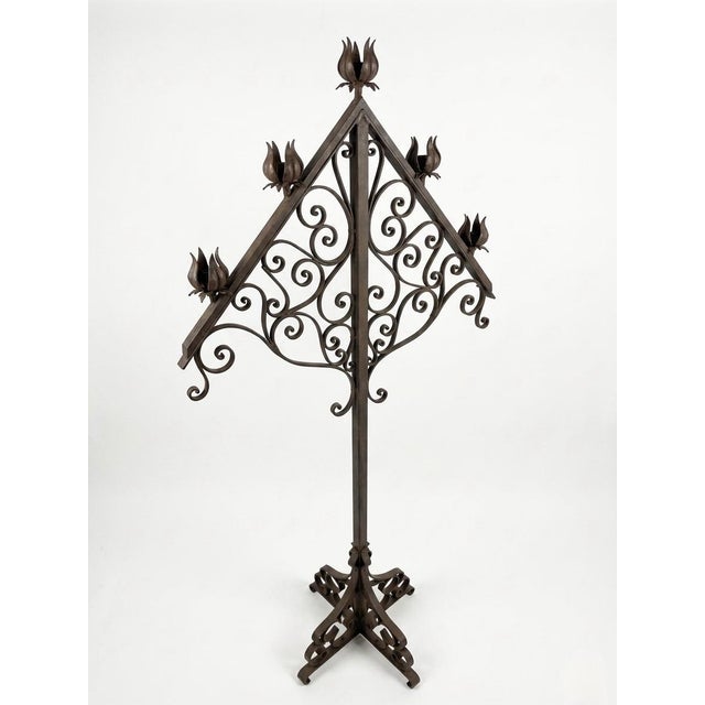 Italian Vintage Italian Hand-Wrought Iron Floor Candelabra - Five-Light Scrollwork Pricket Stand For Sale - Image 3 of 9
