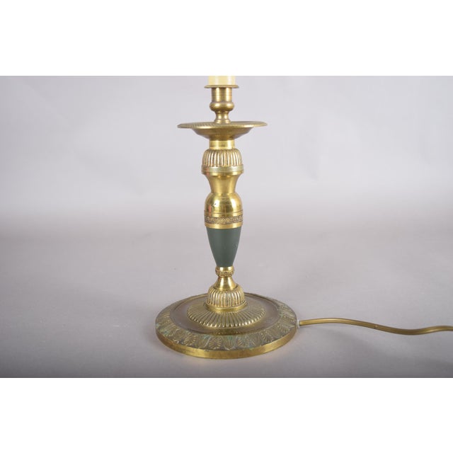 Vintage Brass Candlestick Table Lamp with Pleated White Shade, 1960s For Sale - Image 6 of 14