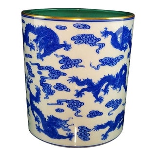 Vintage Blue & White Porcelain Dragon Brush Pot With Green Interior For Sale
