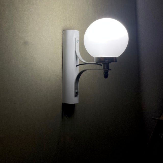 Metal Portuguese White Metal and Opaline Glass Globe Wall Sconce Light, 1990s For Sale - Image 7 of 11