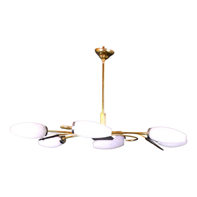 Maison Lunel, Brass Chandelier and Six Opalines Shades, Mid-Century France For Sale