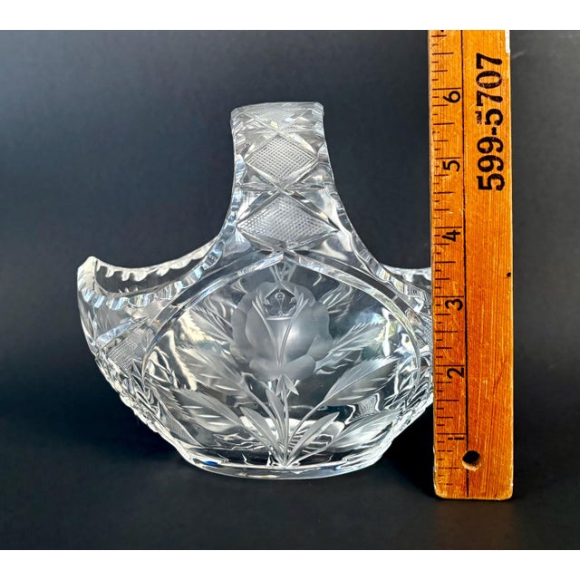 Transparent Vintage Crystal Bridal Basket With Etched Rose & Cut Glass – 6" Wedding Centerpiece, Germany - Bavarian Glass For Sale - Image 8 of 8