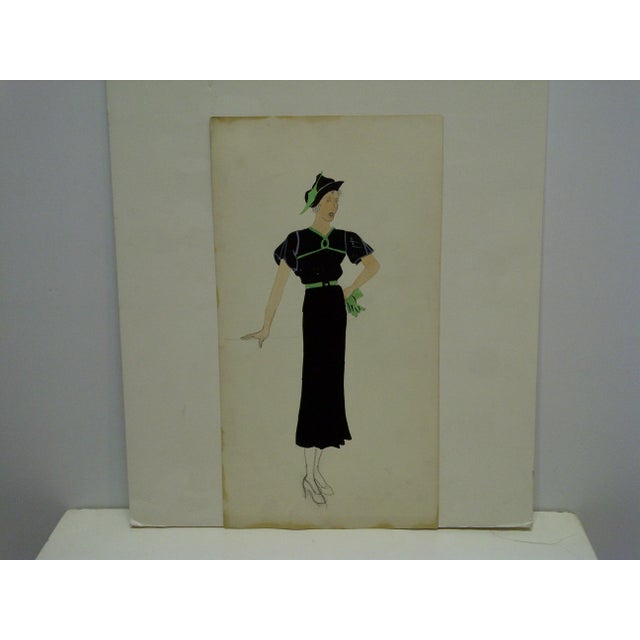 1930s Mid Century Modern Fashion Sketch Drawing Short Sleeve