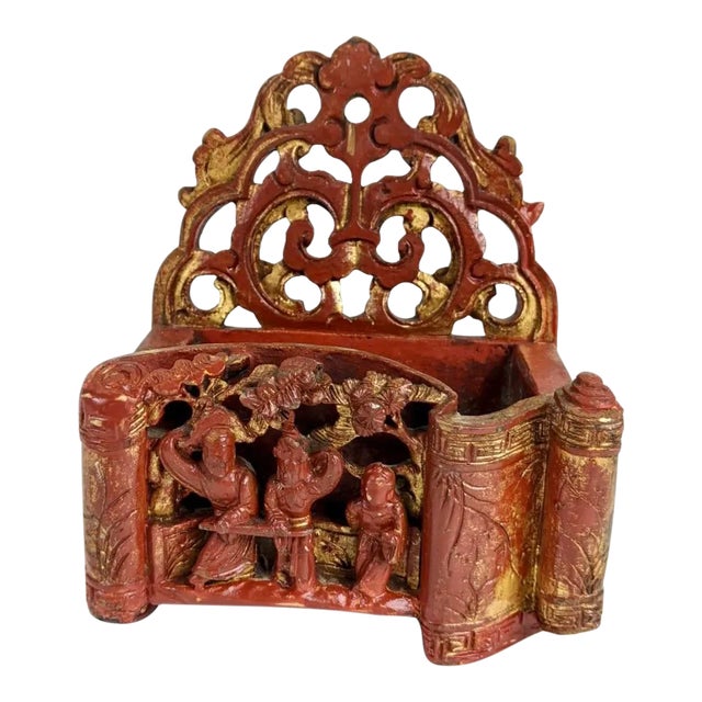 19th Century Red Lacquered Wall Pocket Miniature For Sale