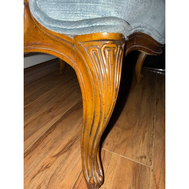 Drexel Heritage Drexel Heritage Beautiful French Inspired Armchair With Original Soft Light Blue Tufted Velvet Upholstery. For Sale - Image 4 of 10