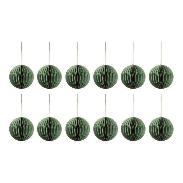 Miriam Paper Deco Ball Ornaments, Green, Set of 12, 3.5" For Sale