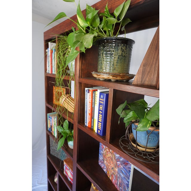 Brown Handcrafted Solid Wood Bookcase Set | Custom Library Wall | Hickory Stain Bookshelf, 2 Pieces For Sale - Image 8 of 17