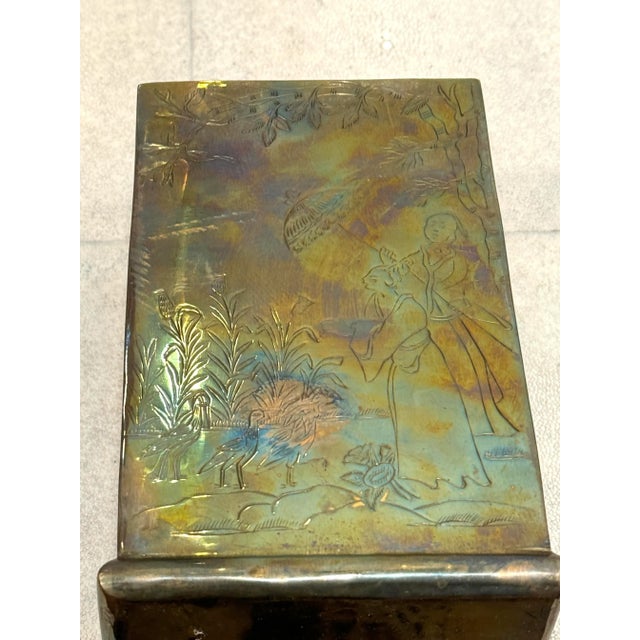 Metal Vintage Etched Brass Chinosierie Pagoda Top Box For Sale - Image 7 of 11